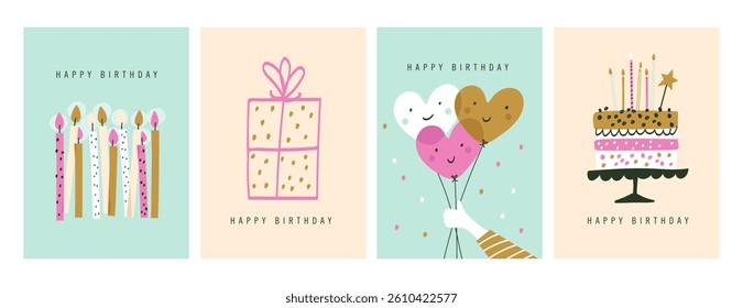 Set of Happy birthday greeting card with cake, candle, balloons and party decorations. Holiday postcards. Flat vector illustrations