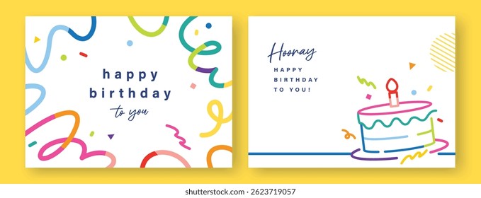 Set of Happy Birthday greeting card, invitation card, vector illustration with colorful minimalist lines birthday cake and confetti.