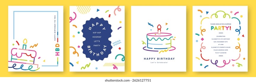 Set of Happy Birthday greeting card, invitation card, poster, cover, vector illustration with colorful birthday cake, confetti in minimalist lines.