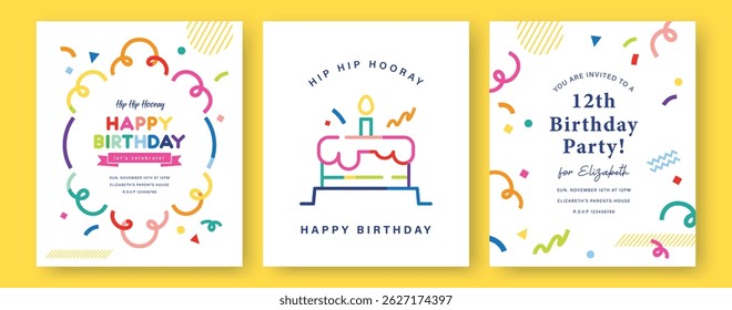 Set of Happy Birthday greeting card, invitation card, poster, cover, vector illustration with birthday cake, confetti in colorful minimalist lines.
