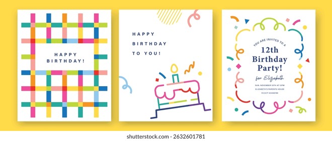 Set of Happy Birthday greeting card, invitation card, poster, cover, vector illustration with birthday cake and confetti in colorful minimalist lines.