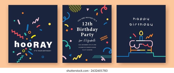 Set of Happy Birthday greeting card, invitation card, poster, cover, vector illustration with birthday cake and confetti in colorful minimalist lines.