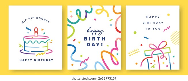 Set of Happy Birthday greeting card, invitation card, poster, cover, vector illustration with birthday cake, confetti in colorful minimalist lines.