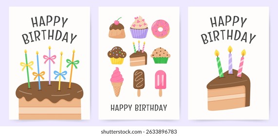 Set of Happy Birthday greeting card with cakes, candles, donuts, cupcakes, ice cream. Flat hand drawn vector illustration