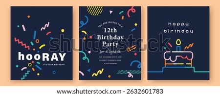 Set of Happy Birthday greeting card, invitation card, poster, cover, vector illustration with birthday cake and confetti in colorful minimalist lines.
