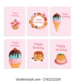 Set of happy birthday greeting cards on a pink background. A4 format greeting card set templates. Vector illustration text can be added. Cake, cupcake, ice cream, pancakes, strawberries, raspberries.