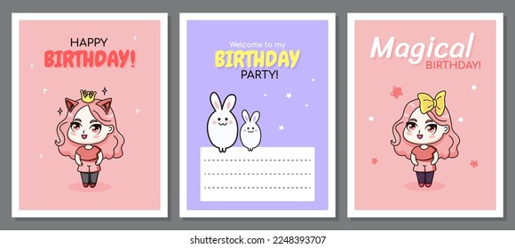 Set of happy birthday greeting cards with chibi girls and bunnies.