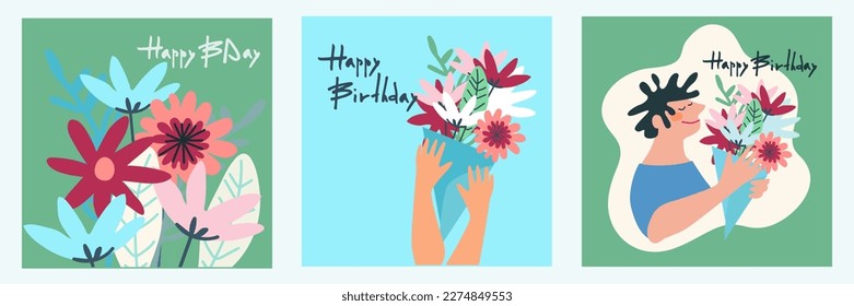 Set of Happy Birthday greeting cards design for IG. Hands with a bouquet of flowers and handwritten signature Happy Birthday on a bright background. Template for IG, web, postcard, social network