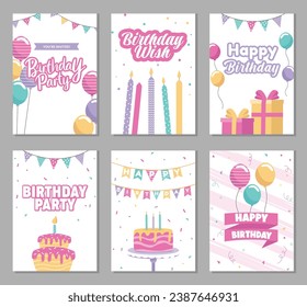 set of Happy birthday greeting cards and party invitation templates with the concept of candles, balloons and sponge cakes on a colorful background.