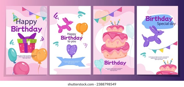 Set of Happy Birthday greeting cards. Postcards with birthday cake, balloons, gift, confetti and garlands. Design for childrens party invitation. Cartoon flat vector collection isolated on background