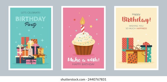 Set of Happy Birthday greeting cards or party invitations. isolated multicolored flat illustrations. Vector postcards with various gift boxes and cupcake. Layered templates. Invitation concept.
