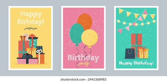 Set of Happy Birthday greeting cards or party invitations. isolated multicolored flat illustrations. Vector postcards with various gift boxes and balloons. Layered templates. Invitation concept.