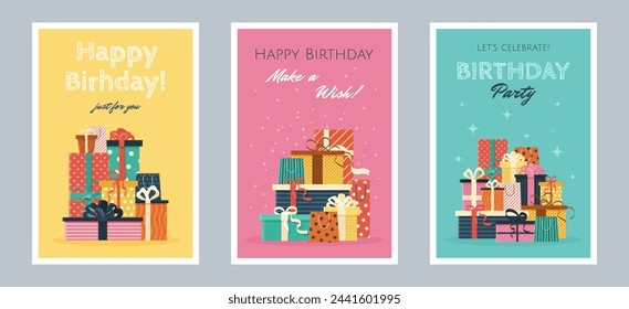 Set of Happy Birthday greeting cards or party invitations. isolated multicolored flat illustrations. Vector postcards with various gift boxes. Layered templates. Invitation concept.