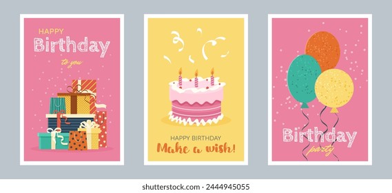 Set of Happy Birthday greeting cards or party invitations. isolated multicolored flat illustrations. Vector postcards with various gift boxes, cake, balloons. Layered templates. Invitation concept.