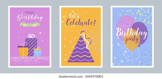 Set of Happy Birthday greeting cards or party invitations. isolated multicolored flat illustrations. Vector postcards with gift boxes, balloons and party hat. Layered templates. Invitation concept.