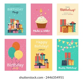 Set of Happy Birthday greeting cards or party invitations. isolated multicolored flat illustrations. Vector postcards with various gift boxes, balloons, cupcake. Layered templates. Invitation concept.