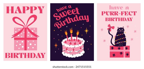 Set of Happy Birthday greeting cards with vector illustration of cake and candles, cat, gift box, present, party hat. Congratulation poster, postcard collection
