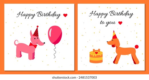 A set of "Happy Birthday" greeting cards. A dog party. Cute dogs with a balloon and a cake at a puppy party.