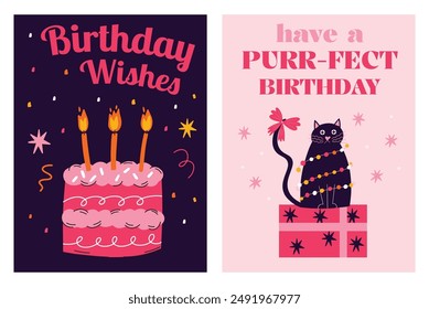 Set of Happy Birthday greeting cards with vector illustration of cake and candles, cat, gift box, present, party hat. Congratulation poster, postcard collection design concept
