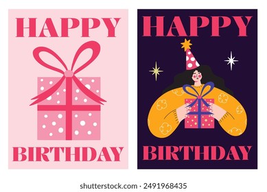 Set of Happy Birthday greeting cards with vector illustration of cake and candles, cat, gift box, present, party hat. Congratulation poster, postcard collection design concept