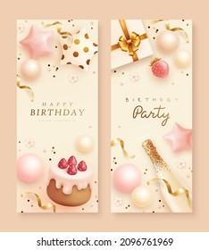 Set of happy birthday greeting vertical banners with realistic champagne, birthday cake, gift box, confetti and flowers. Vector illustration