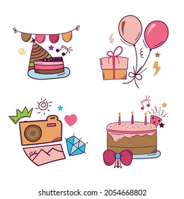 Set of Happy Birthday hand drawn sticker in doodle style