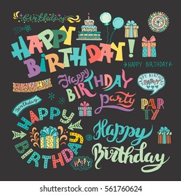 Set of Happy Birthday Hand Drawn Calligraphy Pen Brush Vector Design