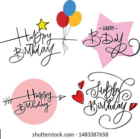 Set Happy birthday hand lettering, brush ink calligraphy, vector type design