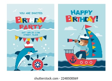 Conjunto de feliz cumpleaños, vacaciones, celebración de la ducha de bebé saludo y tarjeta de invitación. Perrito de dibujos animados, perro, marinero, delfín, barco, mar. Ilustración vectorial. Plantilla de póster.