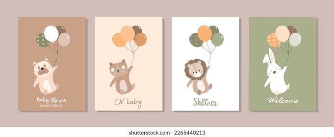 Set of happy birthday, holiday, baby shower celebration greeting and invitation card.Cute animals design.Vector illustrations.