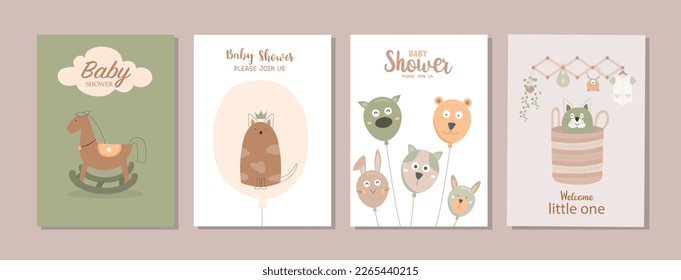 Set of happy birthday, holiday, baby shower celebration greeting and invitation card.Cute animals design.Vector illustrations.