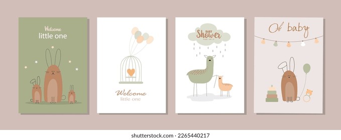 Set of happy birthday, holiday, baby shower celebration greeting and invitation card.Cute animals design.Vector illustrations.