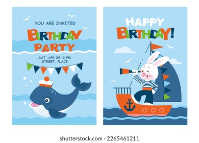 Conjunto de feliz cumpleaños, vacaciones, celebración de la ducha de bebé saludo y tarjeta de invitación. Marinero, ballena, barco, mar... Ilustración vectorial plana. Plantilla de póster.