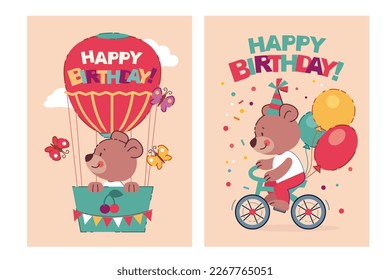 Set of happy birthday, holiday, baby shower celebration greeting and invitation card. Cute cartoon bear ride bicycle with ballons, basket, butterfly. Flat vector illustration.