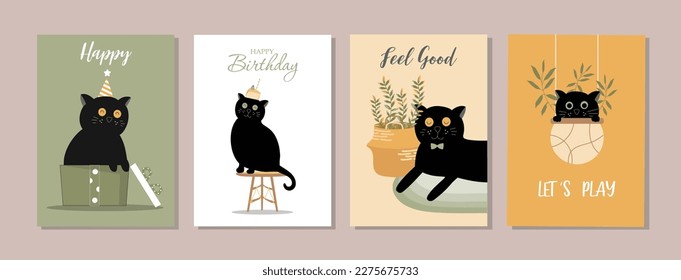 Conjunto de feliz cumpleaños, vacaciones, saludo de celebración de la ducha de bebé y tarjeta de invitación.Animales de diseño .cat.Vector ilustraciones.