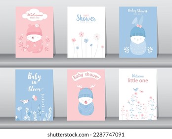 Set of happy birthday, holiday, baby shower celebration greeting and invitation card.Cute baby animals .Vector illustrations.