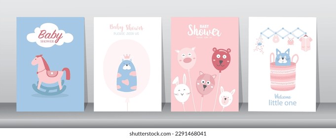 Set of happy birthday, holiday, baby shower celebration greeting and invitation card.Cute animals design.Vector illustrations.