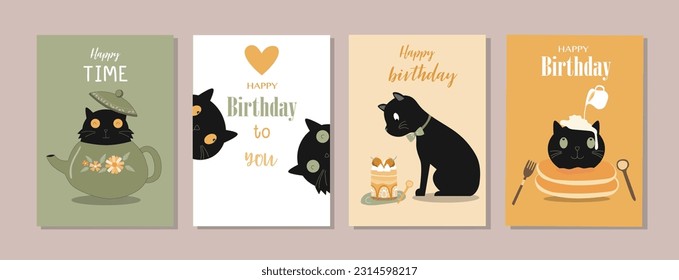 Set of happy birthday, holiday, baby shower celebration greeting and invitation card.Cute animals design .cat.Vector illustrations.