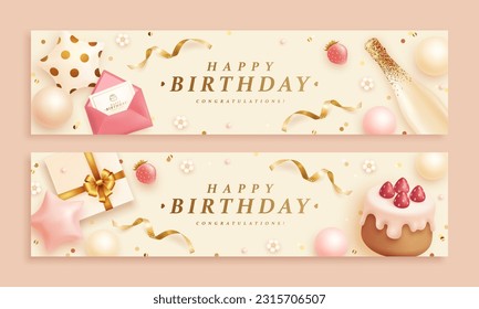 Juego de banner horizontal de feliz cumpleaños con botella realista de champán, sobre, globos de helio, fresa y caja de regalo. 3.d estilo realista. Ilustración del vector