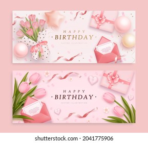 Set of happy birthday horizontal banners with bouquet of tulips, envelope, gift box and helium balloons. 3d realistic style. Vector illustration