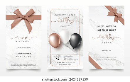 Set of Happy birthday invitation banner template. Birthday greeting card with 3D rose gold balloon, ribbon, bow on marble background for luxury modern party, invite cards, poster. Vector Illustration