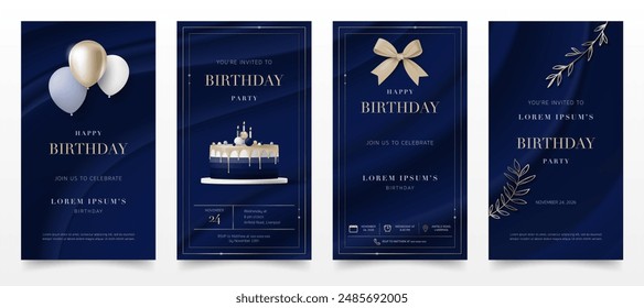 Set de Plantilla de Anuncio de invitación de cumpleaños feliz. Tarjeta de felicitación de cumpleaños con pastel elegante 3D, globo de oro, arco en fondo azul para la fiesta de aniversario moderna de lujo del cumpleaños, tarjetas de invitación. Vector