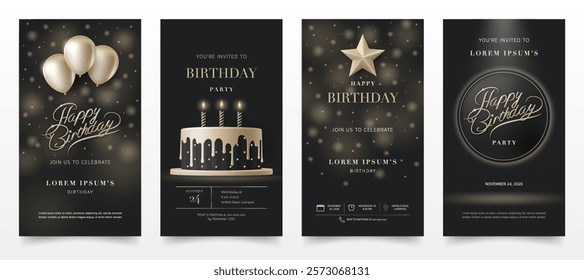 Set of Happy birthday invitation banner template. Birthday greeting card with 3D elegant cake, gold balloon, star on black background for luxury modern birthday anniversary party, invite cards. Vector