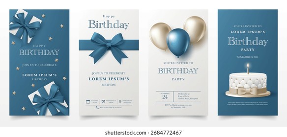 Set of Happy birthday invitation banner template. Birthday greeting card with 3D elegant cake, gold balloon, gift box on white and blue background for luxury modern birthday anniversary party, invite cards. Vector