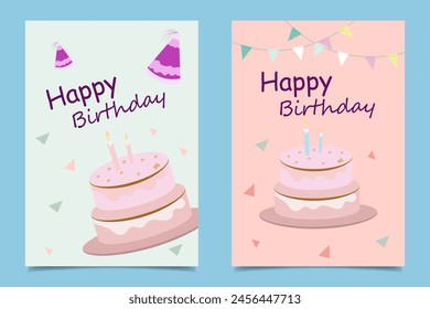 set of Happy birthday invitation card in pink and blue pastel color, cupcake candle and baloon decoration vector illustration.