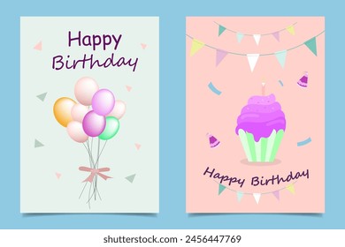 set of Happy birthday invitation card in pink and blue pastel color, cupcake candle and baloon decoration vector illustration.