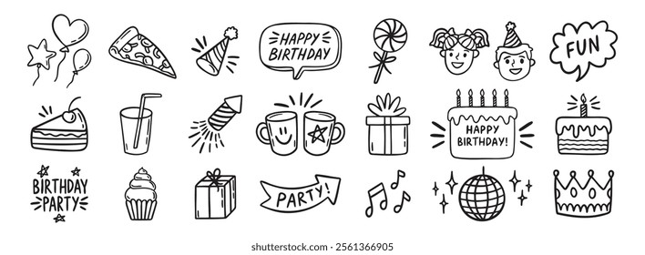 Set of Happy Birthday for kids doodles. Sketch of party decoration, gift box, cake, party hats. Birthday doodle hand drawn icon set. Vector illustration