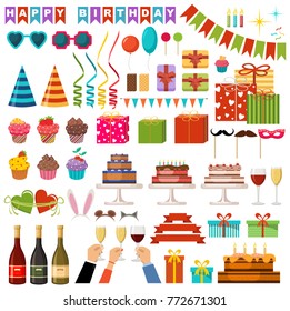 Set of happy birthday party accessories. Vector illustration