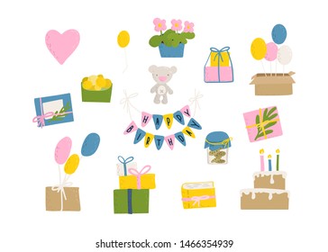 Set of happy birthday party elements. Vector cartoon flat collection