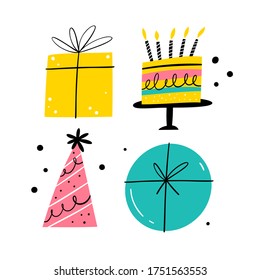 Set Of Happy Birthday And Party Invitation elements. Hand drawn style. Vector illustration.